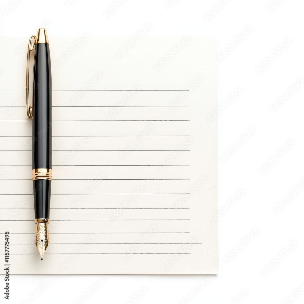 A sleek fountain pen resting on a lined notebook, perfect for capturing ideas and thoughts. A sleek fountain pen resting on a lined notebook, perfect for capturing ideas and thoughts.