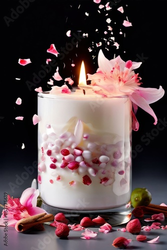 Serene candlelight with flower petals, fresh citrus, and spices creates a cozy atmosphere. Ideal for promoting wellness, home decor, and lifestyle imagery.