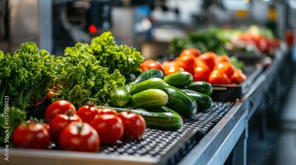 Fresh vegetables being sorted and packaged in an organized food processing plant with bright lighting and automated machinery for sanitation Fresh vegetables being sorted and packaged in an organized food processing plant with bright lighting and automated machinery for sanitation