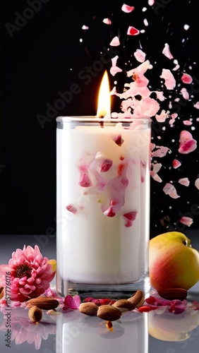Serene candlelight with flower petals, fresh citrus, and spices creates a cozy atmosphere. Ideal for promoting wellness, home decor, and lifestyle imagery.