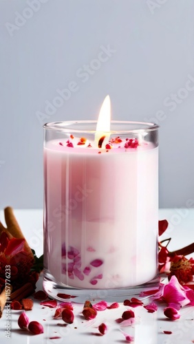 Serene candlelight with flower petals, fresh citrus, and spices creates a cozy atmosphere. Ideal for promoting wellness, home decor, and lifestyle imagery.