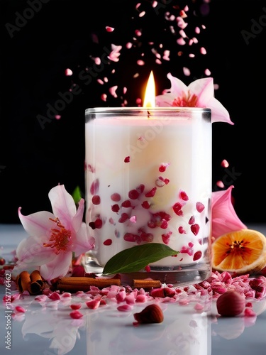 Serene candlelight with flower petals, fresh citrus, and spices creates a cozy atmosphere. Ideal for promoting wellness, home decor, and lifestyle imagery.