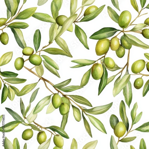 Wallpaper Mural Watercolor olive tree pattern with green olives and leaves on a white background.  Torontodigital.ca