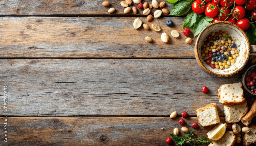 A rustic wooden table displays a variety of food items, including a bowl of mixed berries, nuts, and a loaf of bread, with a few scattered berries and a sprig of parsley. A rustic wooden table displays a variety of food items, including a bowl of mixed berries, nuts, and a loaf of bread, with a few scattered berries and a sprig of parsley.