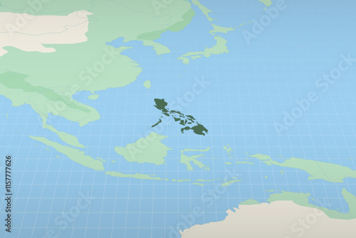 Philippines highlighted on a detailed map, geographic location of Philippines.