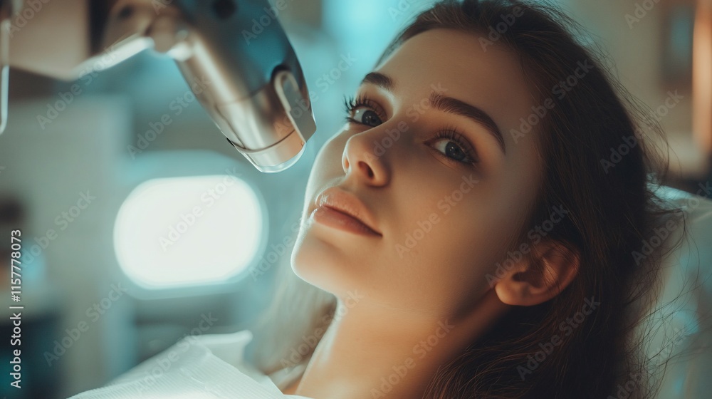 A woman undergoing a cosmetic procedure with advanced technology. A woman undergoing a cosmetic procedure with advanced technology.