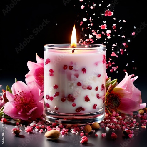 Aromatic candle surrounded by vibrant flower petals, fresh fruits, and spices. Captures essence of relaxation, perfect for wellness and inviting home settings.