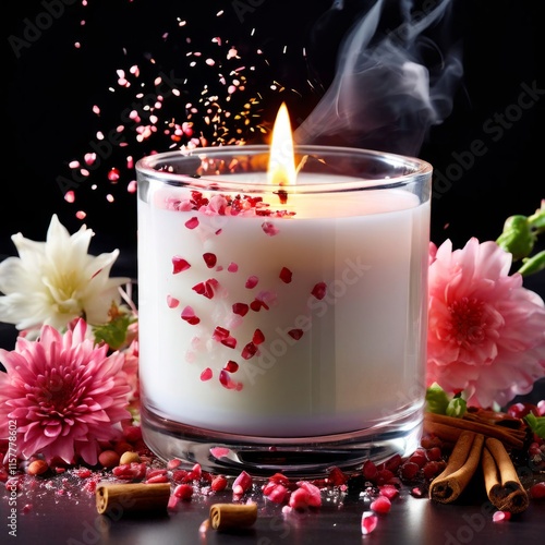 Aromatic candle surrounded by vibrant flower petals, fresh fruits, and spices. Captures essence of relaxation, perfect for wellness and inviting home settings.