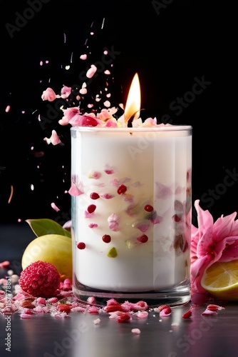 Elegant candle scene with colorful petals, fresh apple, and aromatic spices. Ideal for enhancing tranquility, wellness, and cozy home environments.