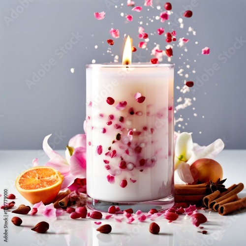 Elegant candle scene with colorful petals, fresh apple, and aromatic spices. Ideal for enhancing tranquility, wellness, and cozy home environments.