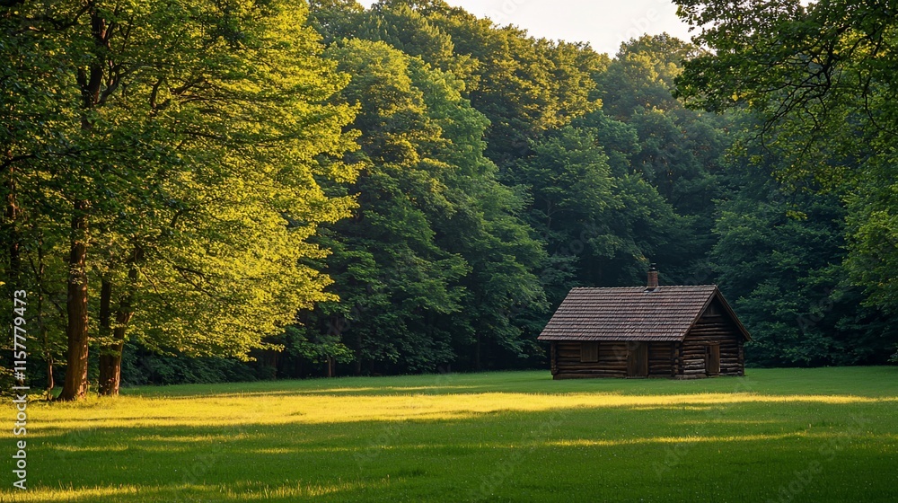 Rustic log cabin in sunlit forest clearing. Rustic log cabin in sunlit forest clearing.