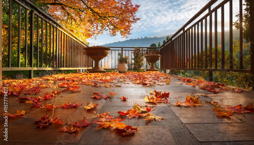 A scenic french balcony covered with marble flower pots,  vibrant red and orange fallen autumn leaves overlooks a misty mountain landscape at sunset. photo