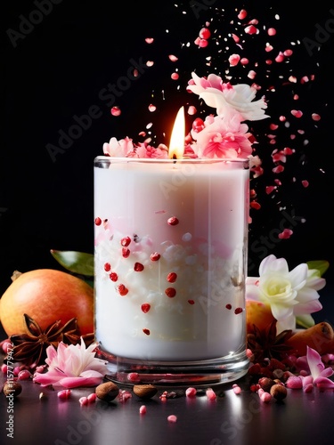 Elegant candle scene with colorful petals, fresh apple, and aromatic spices. Ideal for enhancing tranquility, wellness, and cozy home environments.