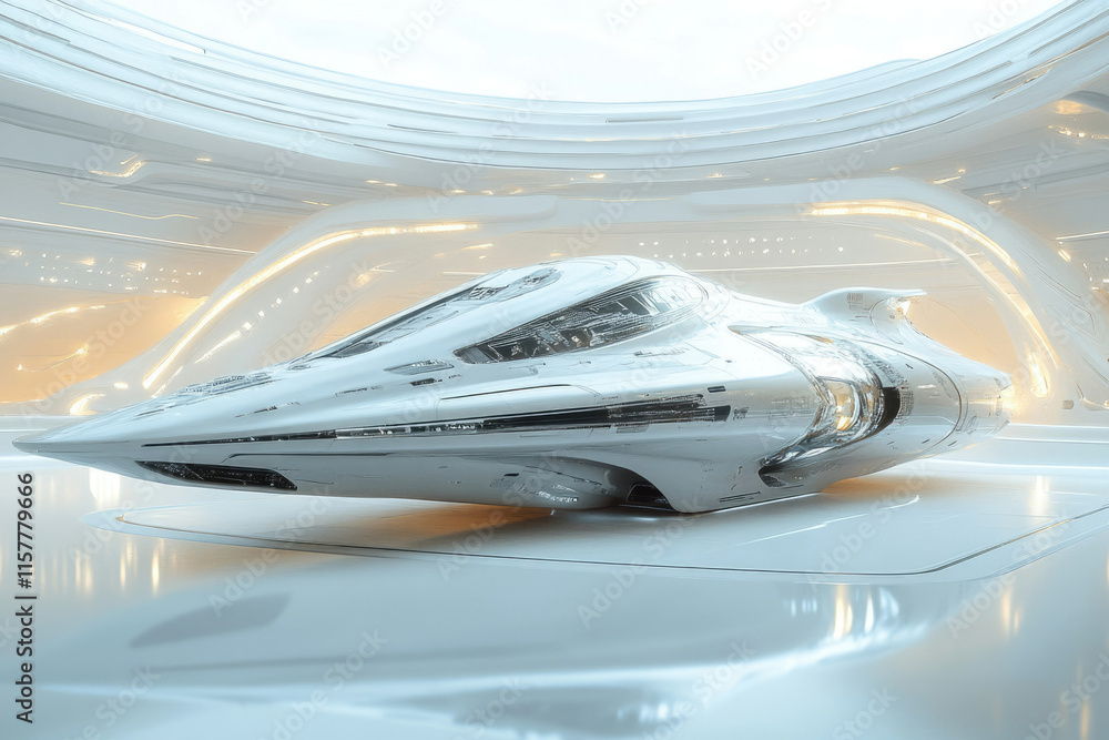 A futuristic white spaceship rests in a sleek, minimalist hangar, showcasing advanced design and technology. A futuristic white spaceship rests in a sleek, minimalist hangar, showcasing advanced design and technology.