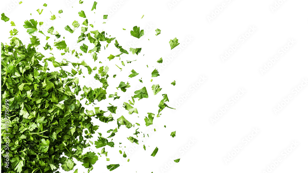 A pile of fresh, bright green chopped coriander leaves on a white background, cut out A pile of fresh, bright green chopped coriander leaves on a white background, cut out