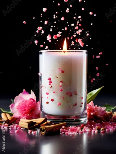 Elegant candle scene with colorful petals, fresh apple, and aromatic spices. Ideal for enhancing tranquility, wellness, and cozy home environments.