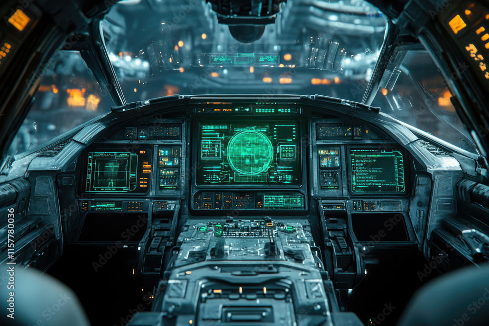 Fototapeta premium Futuristic spaceship cockpit with advanced technology, glowing green interfaces and radar display.