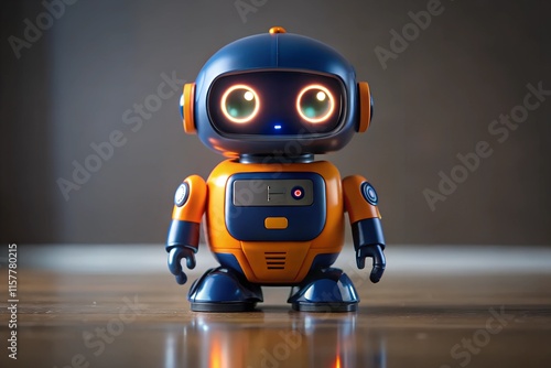 Cute orange and blue robot with glowing eyes standing on a reflective surface, symbolizing advanced technology, robotics, and friendly artificial intelligence in a charming design photo