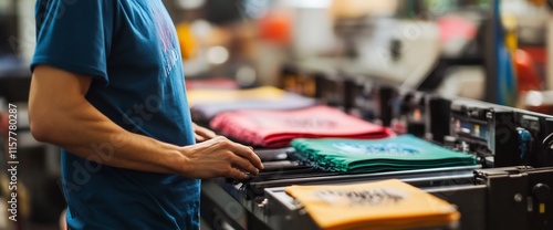 A worker arranges colorful printed t-shirts in a busy production facility.