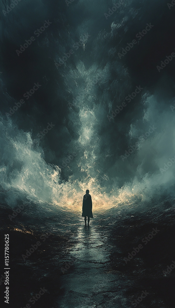 Fototapeta premium A person standing at a crossroads where one path leads to light and sun, symbolizing hope and growth, and the other leads to darkness, symbolizing challenges or struggles in life.