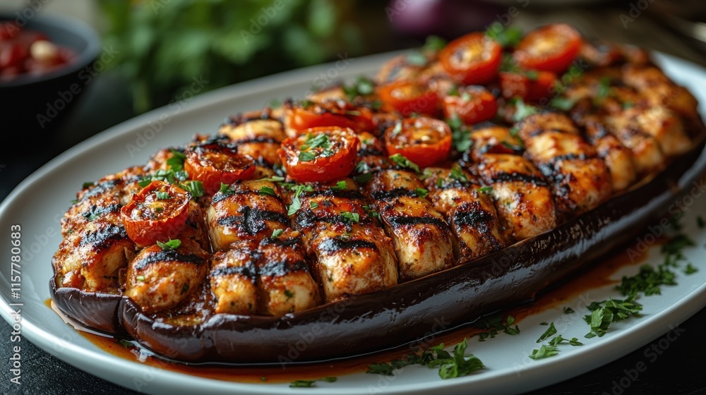 Grilled chicken and eggplant dish with roasted cherry tomatoes and parsley.