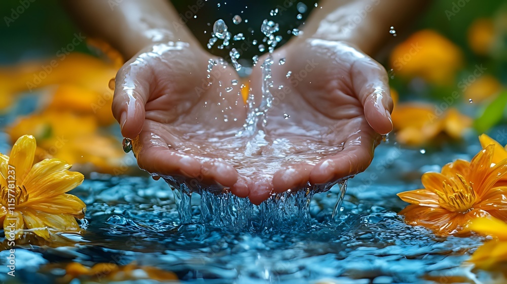 Fototapeta premium Hands cupping splashing water over orange flowers.