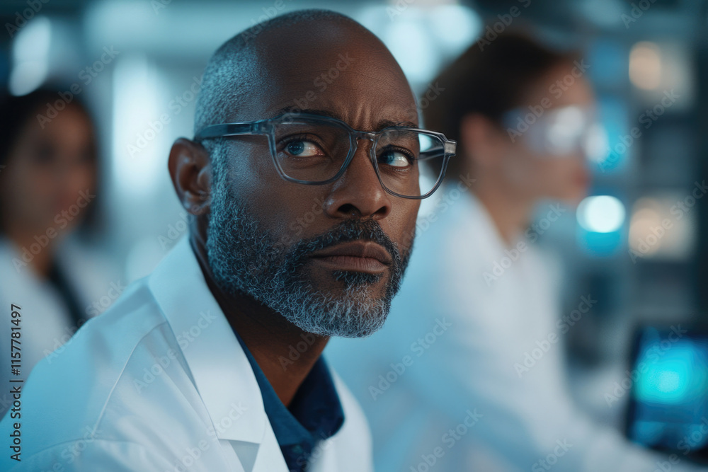 Obraz premium A thoughtful male scientist in a lab coat contemplates a scientific problem, surrounded by colleagues.