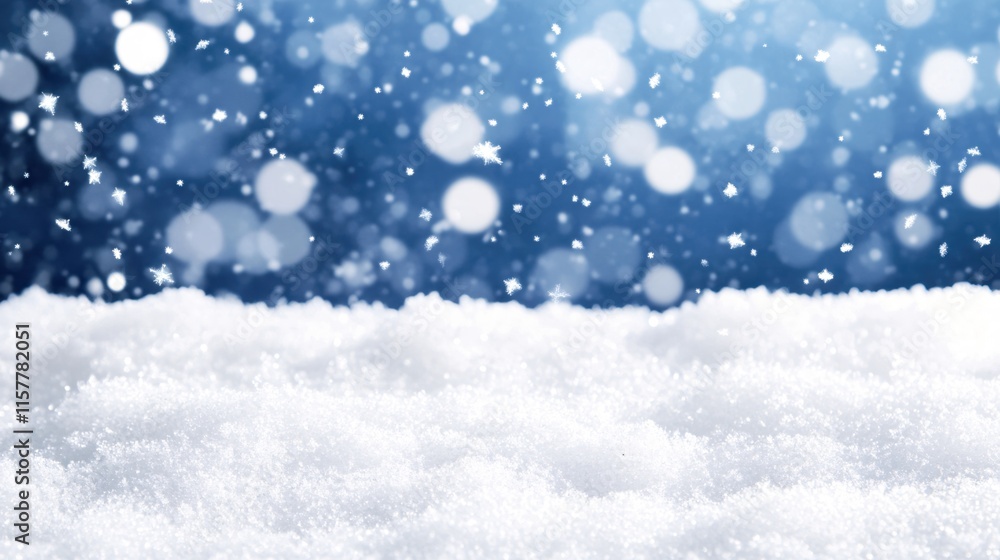 Fototapeta premium Snowfall with Bright Bokeh Effect on Snowy Ground in Winter Landscape
