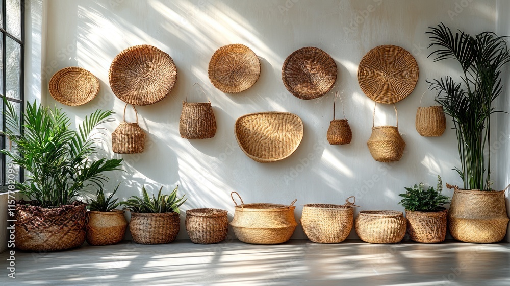 Sunlit room with various woven baskets and potted plants. Sunlit room with various woven baskets and potted plants.