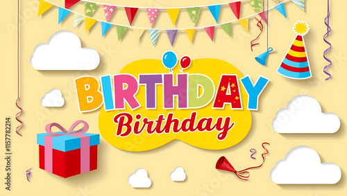 Happy birthday greeting vector design. Birthday greeting text in yellow space with gift box, party hat, whistle hanging elements and paper cut clouds background.