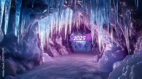 A magical ice cave filled with shimmering crystals and a vibrant text 2025 on a banner suspended from icicles photo