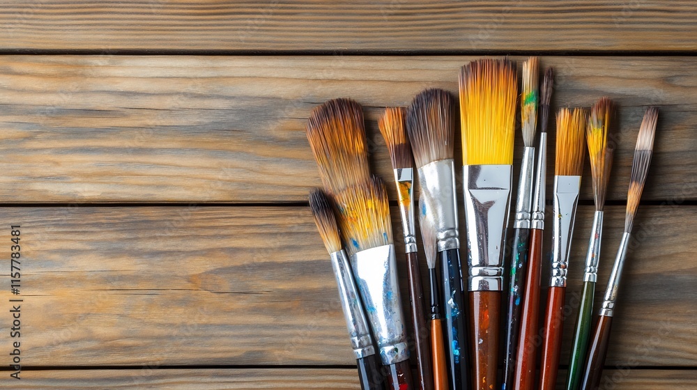 Fototapeta premium Close-up Photo: Vibrant Paintbrushes Gracefully Arranged on Rustic Wooden Surface. AI Generated