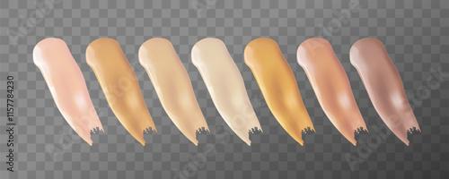 Foundation and lip gloss smears texture isolated on transparent background. Liquid foundation smudge swatch set. Vector cosmetic makeup concealer shades