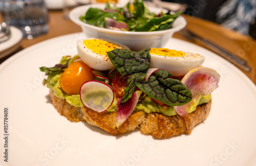 Close-up of Avocado Toast with Cherry Tomatoes, Raddishes, Turnips, Greens and Hard Boiled Egg Served with Herb Salad photo