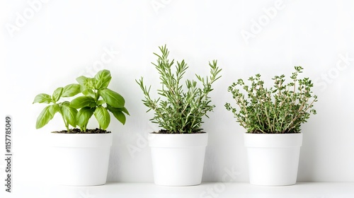 Wallpaper Mural Three potted herbs: basil, rosemary, and thyme, sit in a row against a white background. The white pots are simple and modern, enhancing the fresh green of the herbs. Torontodigital.ca