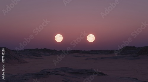 Alien landscape with pink sands and two suns setting photo