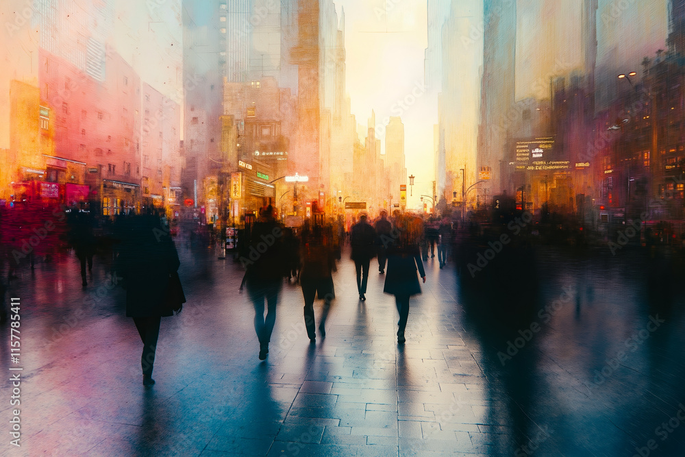 A group of people walking down a city street at sunset A group of people walking down a city street at sunset