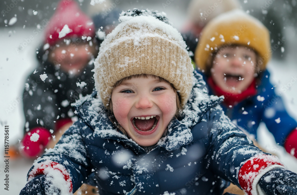 A group of children racing each other on sleds while parents cheer them on at the bottom of the hill A group of children racing each other on sleds while parents cheer them on at the bottom of the hill