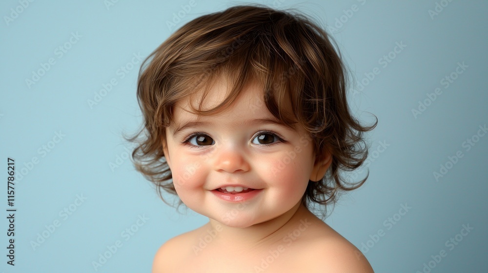 A smiling baby with curly hair against a light blue background. A smiling baby with curly hair against a light blue background.