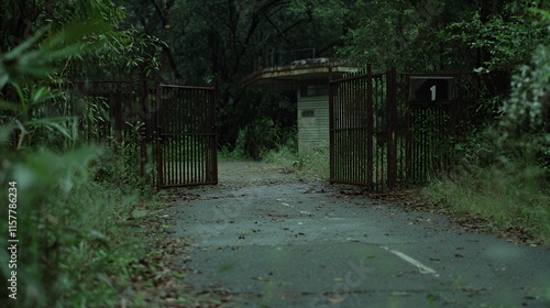 An abandoned zoo entrance with rusted gates and overgrowth photo