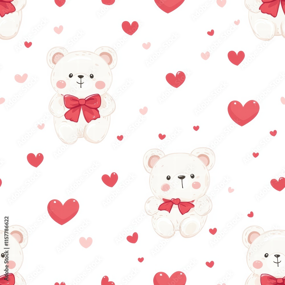 Cute white bears with red bows surrounded by red hearts create a playful pattern for a delightful design mockup. Generative AI Cute white bears with red bows surrounded by red hearts create a playful pattern for a delightful design mockup. Generative AI