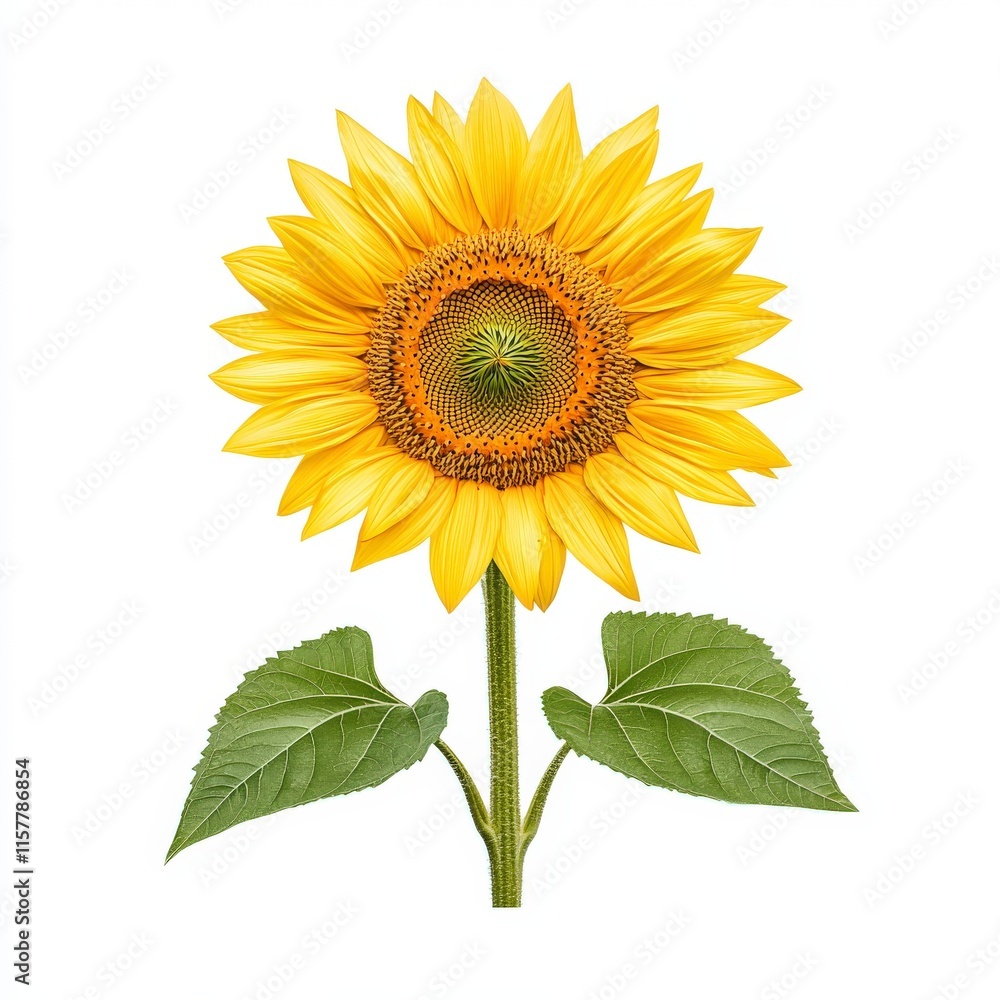 Obraz premium Bright sunflower with vibrant yellow petals and green leaves, symbolizing warmth and happiness in nature.