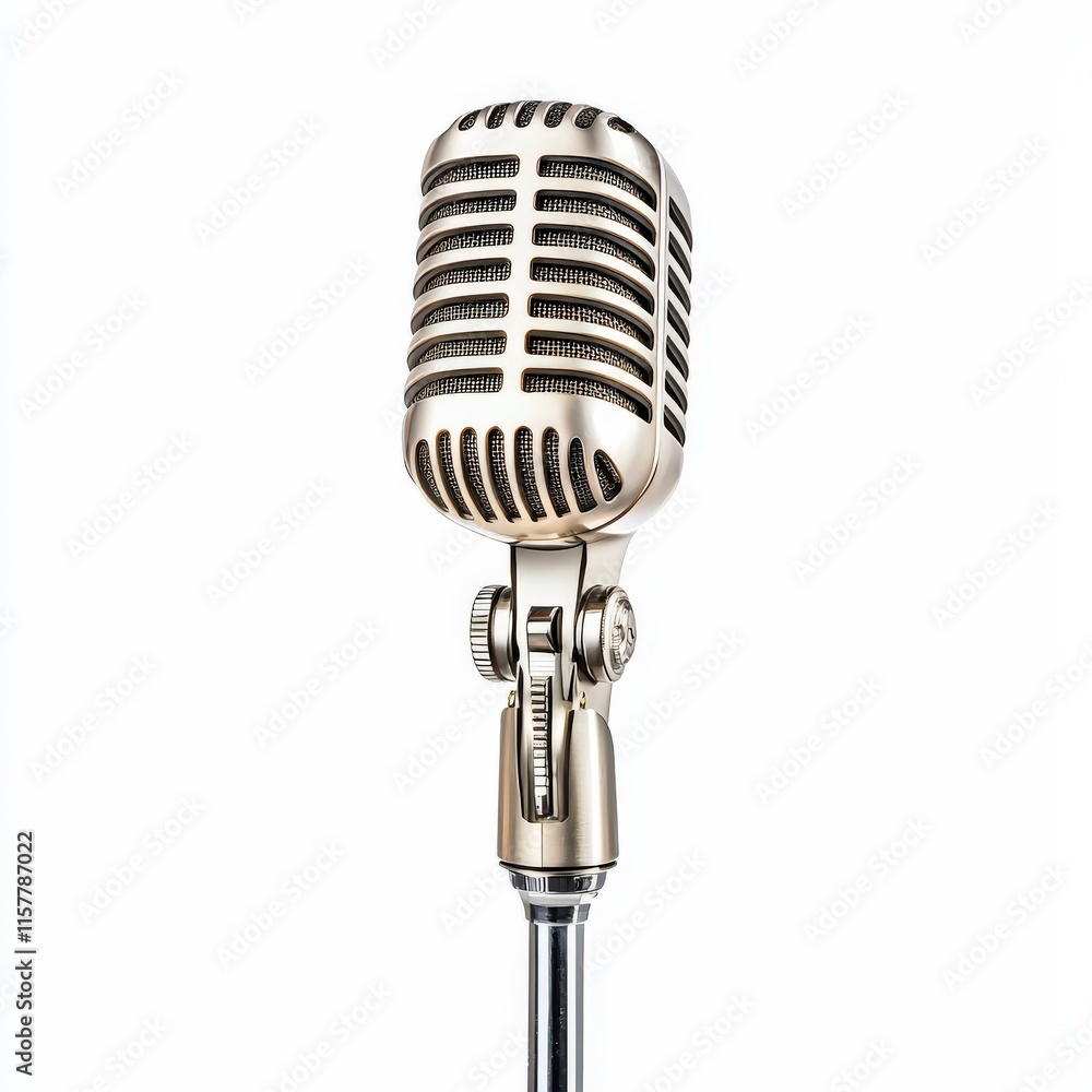 Fototapeta premium Classic vintage microphone standing elegantly on a stand, perfect for music, speeches, or broadcast-themed designs.