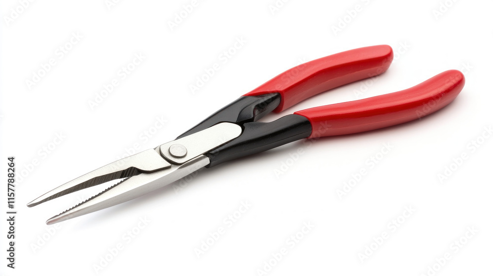 Needle-nose pliers with red handles isolated on white background. Needle-nose pliers with red handles isolated on white background.