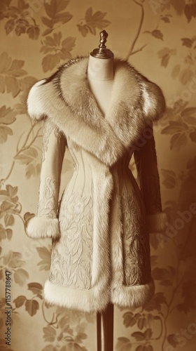 Elegant fur coat displayed on mannequin in vintage room photo