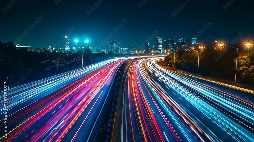 Obraz premium Vibrant Night City Highway: A Stunning Wide Shot Photo of Fast-Moving Traffic Lights. AI Generated