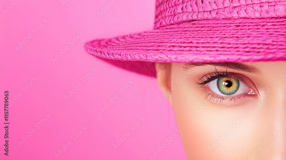 Close-Up of Woman's Eye with Colorful Hat Against Pink Background Close-Up of Woman's Eye with Colorful Hat Against Pink Background