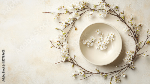 "Newborn Neutral Spring Background – Round White Bowl with Floral Wreath and Branches on a Light Beige Backdrop."

