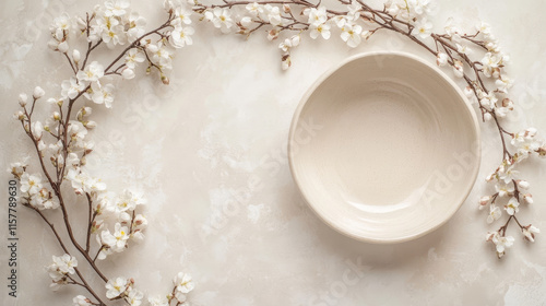"Newborn Neutral Spring Background – Round White Bowl with Floral Wreath and Branches on a Light Beige Backdrop."

