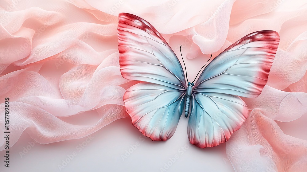 Delicate blue and red butterfly on pink fabric. Delicate blue and red butterfly on pink fabric.